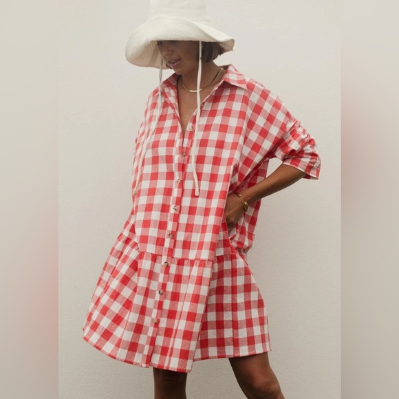 LA Boheme Girls Lifestyle Red Gingham/Plaid Oversized Button Down Dress One Size - Picture 2 of 7